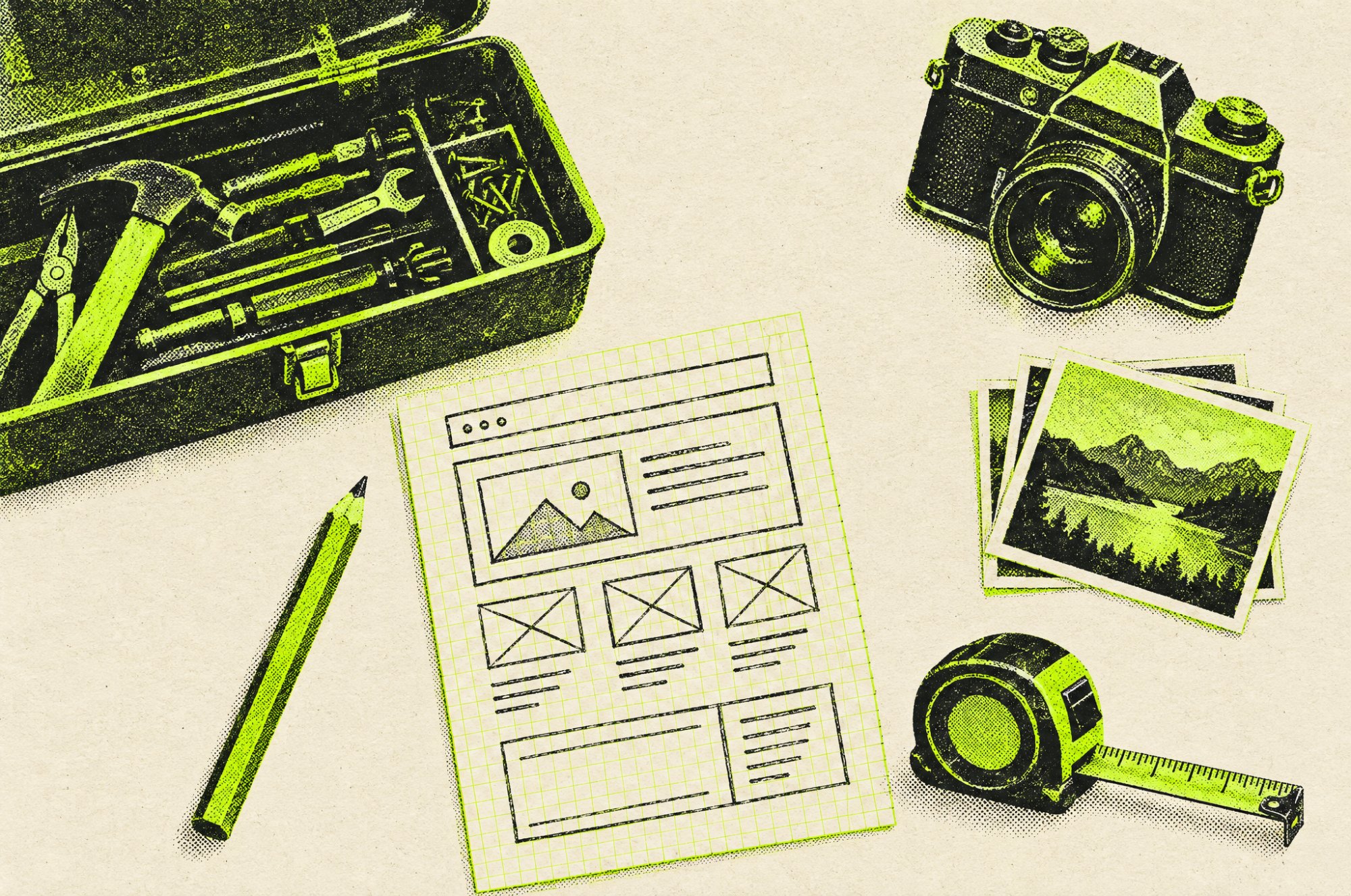 Halftone illustration of a toolbox, camera, photo prints and a website wireframe sketch on a desk